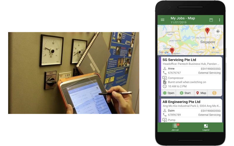 Technician updating a job on a tablet, with the mobile job map