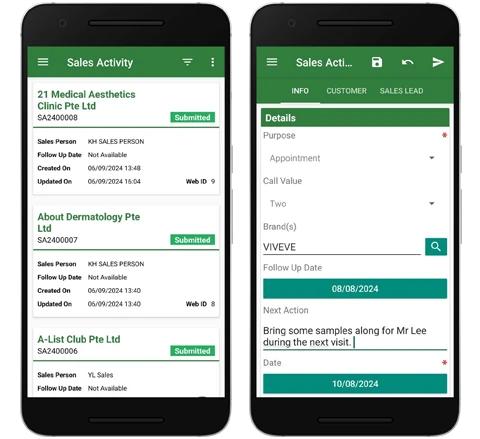 Sales activity screen in the mobile app